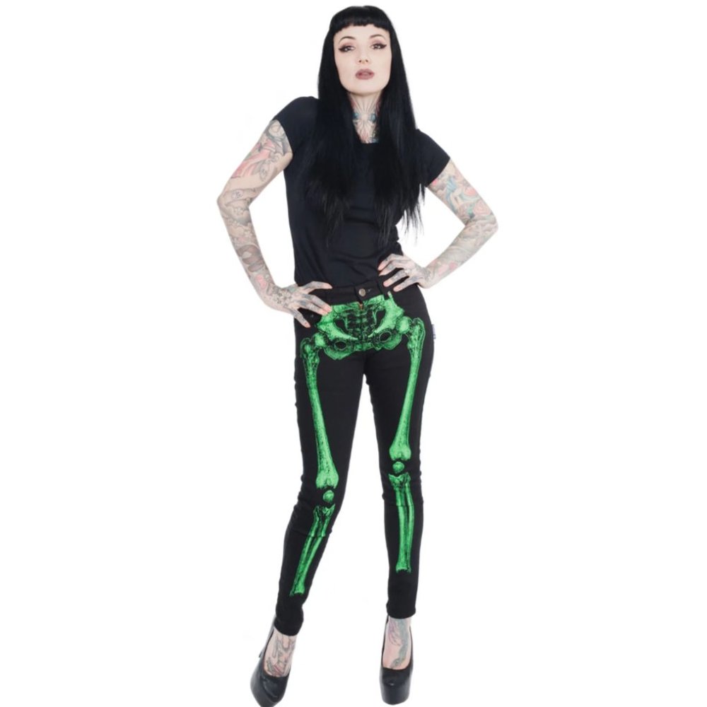 Women's Black Skinny Stretch Jeans Skeleton Bones Skull Coffin Pockets 26-40 NWT - Picture 3 of 5
